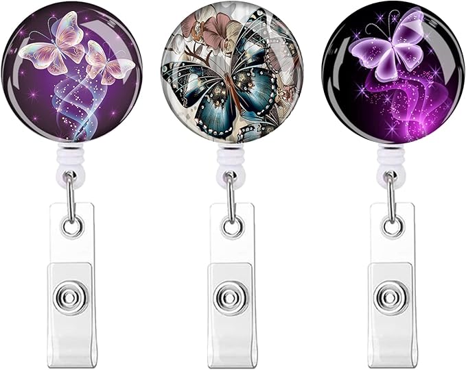Retractable ID Badge Holder,Nurse Badge Reels with Clip,Name Card Holders for Office Worker Doctor Nurse（3 Pack Butterfly ）
