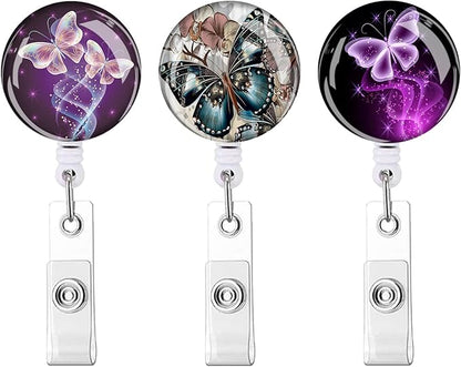 Retractable ID Badge Holder,Nurse Badge Reels with Clip,Name Card Holders for Office Worker Doctor Nurse（3 Pack Butterfly ）