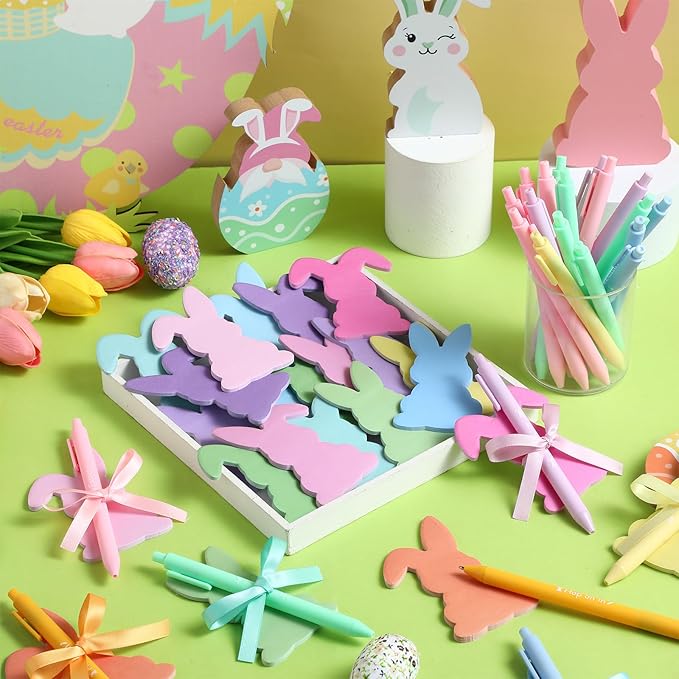 24 Set Easter Bunny Sticky Notes and Pens Set Easter Gifts Colorful Rabbit Self Sticky Note with Pens Easter Basket Stuffer Rabbit Self-stick Memo Pads for Classroom Office Supplies Goodies Bag Prizes