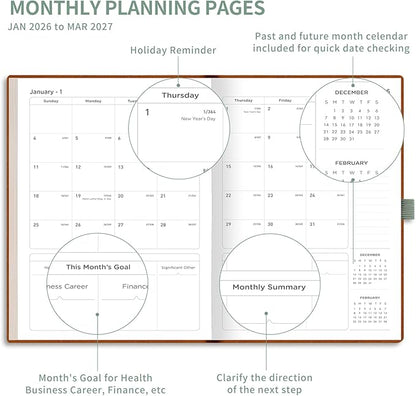 AHGXG 2026 Planner, Weekly and Monthly, Large A4 8.5"x11", Planner 2026-2027, Calendar 15-Months Jan 2026 - Mar 2027, Vegan Leather Softcover, Inner Pocket, Sage Green