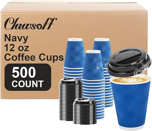500 Pack Coffee Cups with Lids 12oz, Disposable Insulated Ripple Wall To Go Paper Coffee Cups for Hot/Cold Drinks Office Home Shop Event (Navy)