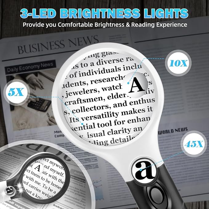 Compact Magnifying Glass with Lights,45X 10X 5X Small Handheld Lighted Magnifier, 3 LED Light Magnifying Glass for Reading Small Prints & Low Vision Seniors 2 Pack B&W