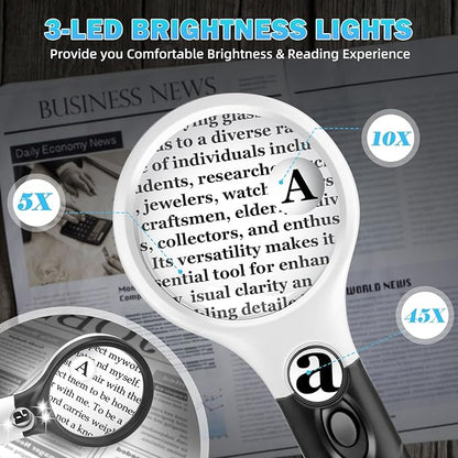 Compact Magnifying Glass with Lights,45X 10X 5X Small Handheld Lighted Magnifier, 3 LED Light Magnifying Glass for Reading Small Prints & Low Vision Seniors 2 Pack B&W
