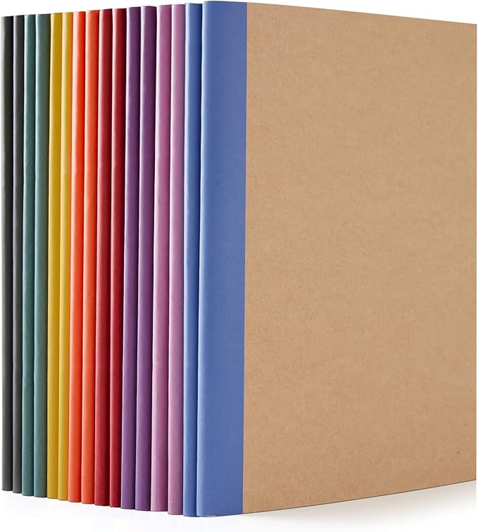 feela 16 Pack Composition Notebooks Bulk, Kraft Cover Lined Blank College Ruled Composition Travel Journals with Jewel Tone Spines For Women Students, 60 Pages, 8.3”x 5.5”, A5, 8 Vintage Colors