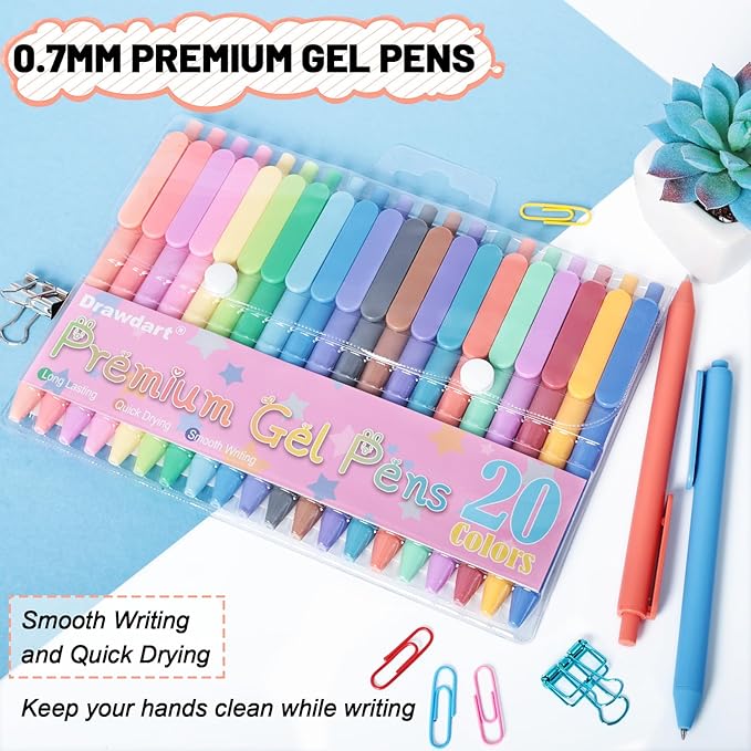 Gel Pens 20 Colors Retractable Quick Dry Ink Pens Fine Point 0.7mm, Smoooth Writing Pens Multicolor for Journaling, Drawing, Doodling, and Note Taking, Multicolor, 20-Count