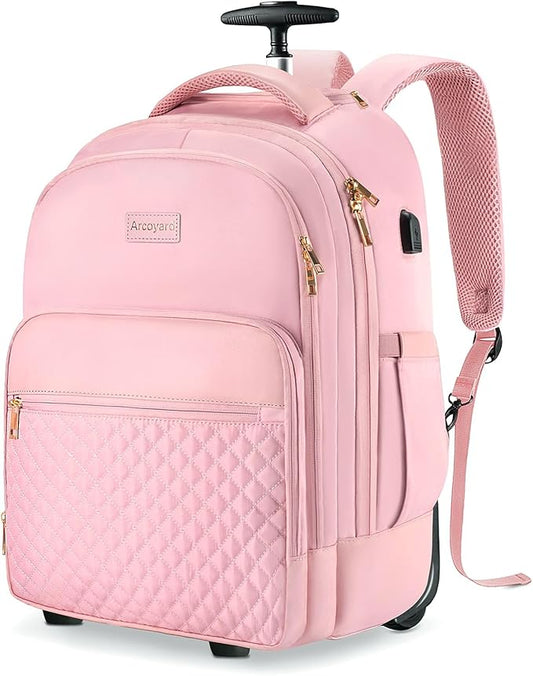 Rolling Backpack Carry On Luggage For Adults With Wheels, 40L Wheeled Backpack For Women, Travel Roller Backpack, Rolling Bag, Pink
