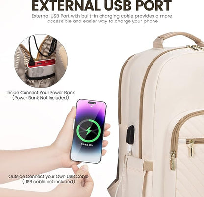 LOVEVOOK Laptop Backpack for Women 17.3 inch,Cute Womens Travel Backpack Purse,Professional Laptop Computer Bag,Waterproof Work Business College Teacher Bags Carry on Backpack with USB Port,Off-white