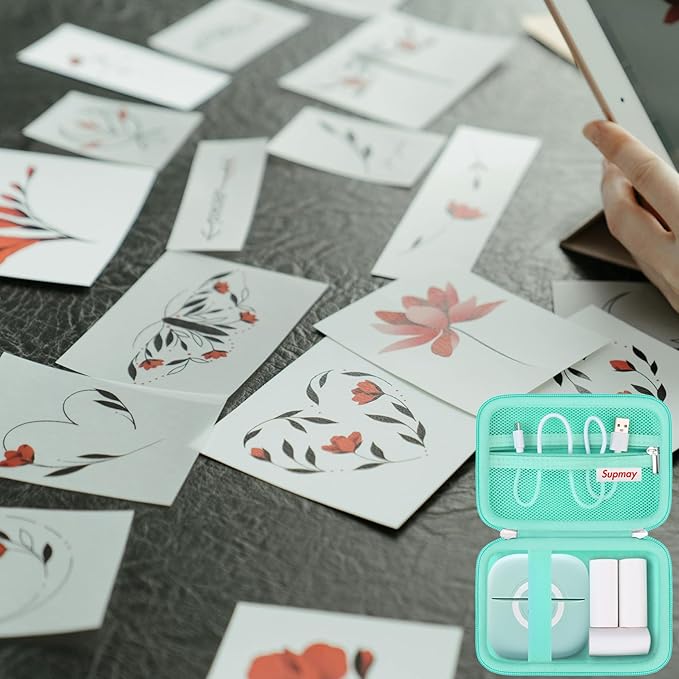 Hard Travel Case for Cabaro Mini Printer Sticker Thermal Printer, Bluetooth Portable Phone Printer Storage Holder Protection Case with Zipper Mesh Pocket fit Rolls Paper, Charging Cable, Green