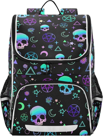 Magic Skull Backpack with Reflective Strip for Kids Boys Girls Elementary School Bag Removable Chest Strap