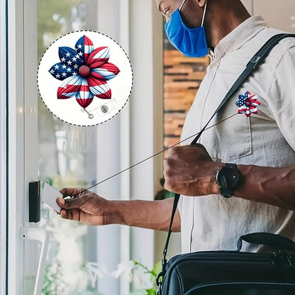 4th of July Flower Badge Holder Retractable with Acrylic Designs Nurse Badge Reel Blue Red Alligator Clip ID Card Patriotic Badge Clip for Teacher Student Independence Day Office Accessories
