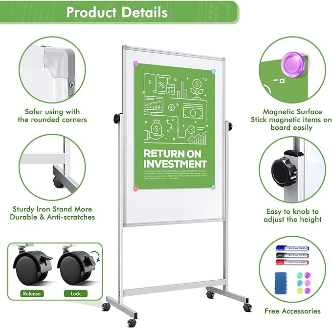 Mobile Whiteboard 32 x 48 inches Height Adjustable Dry Erase White Board, Standing Easel Whiteboard on Wheels, Double-Sided Magnetic Whiteboard with Stand for Office, Home, and Classroom