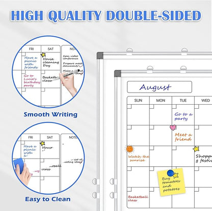 Monthly Calendar Dry Erase Whiteboard for Wall, 24" x 18" Magnetic Calendar White Board, Double-Sided Portable Board for Office, Kitchen, School, Home