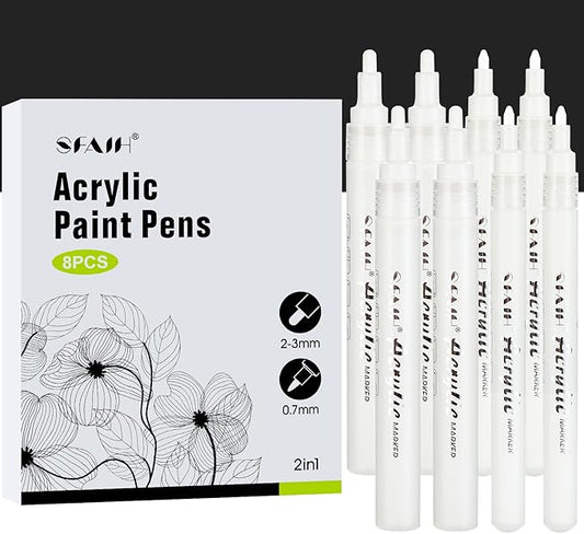 SFAIH White Paint Markers Paint Pens - 8 Pack Acrylic Permanent Marker for Rock Painting, Wood, Metal, Fabric, Plastic, Canvas, Glass, Ceramic, Art Projects, 2-3MM Medium Tip & 0.7mm Extra Fine Tip