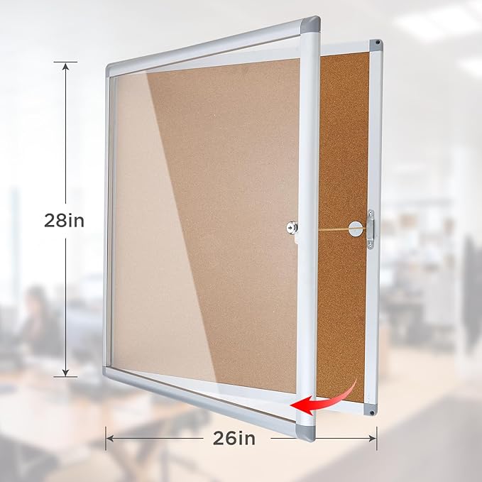 Outdoor Enclosed Cork Bulletin Board Tamper-Proof Dispaly Case, Aluminium Frame, Weatherproof Cork Noticeboard, Enclosed Cork Board for School, Office, Restaurant, Hospital etc（28 * 26inches）