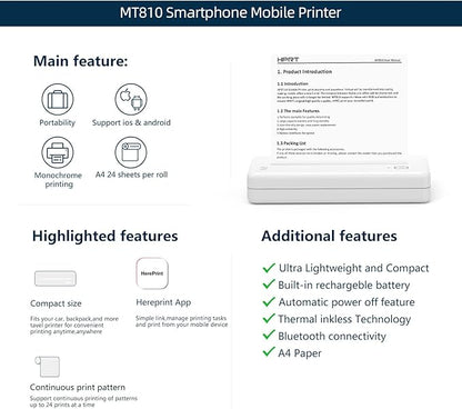 HPRT Wireless Portable Printer - Bluetooth Thermal Printer for Travel, Mobile Office, School, Home Compatible with iOS Android