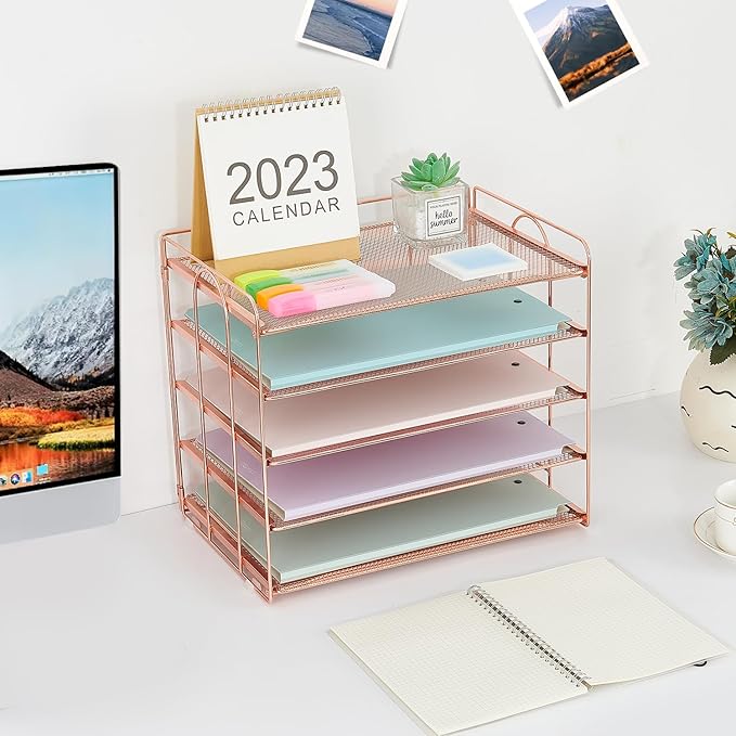 5 Tier Mesh Paper Letter Tray Organizer, Desktop Office Supplies Organizer for Desk, Desk Organizers and Accessories (Rose Gold)