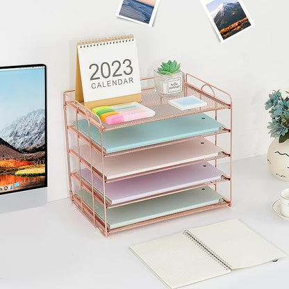 5 Tier Mesh Paper Letter Tray Organizer, Desktop Office Supplies Organizer for Desk, Desk Organizers and Accessories (Rose Gold)