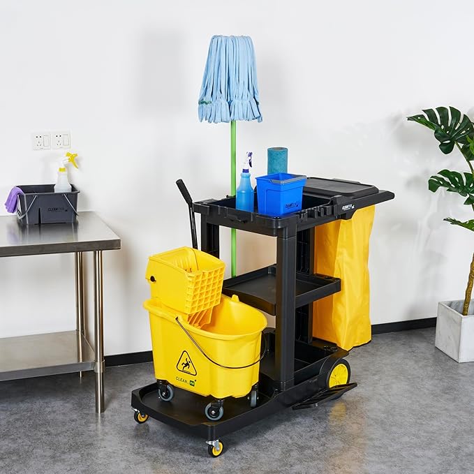 Restaurantware-Clean Tek Professional Janitor Cart with Wheels, 1 Cleaning Trolley with Cover and 21 Gallon Bag - 3 Shelves, Heavy-Duty, Gray Plastic Commercial Janitorial Cart, for Restaurants
