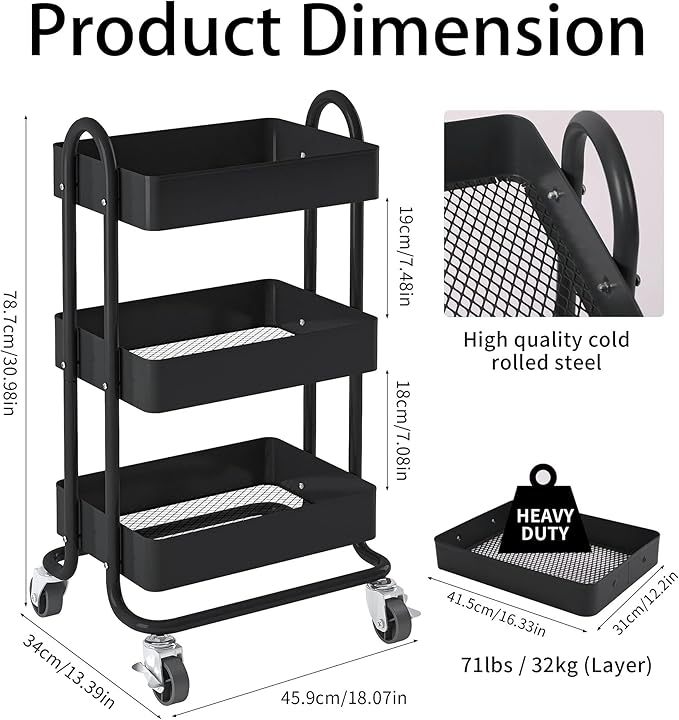 3-Tier Rolling Metal Storage Organizer,Mobile Utility Cart,Kitchen Storage Carts with Caster Wheels,Rolling Utility Cart Suitable for Office,Home,Kitchen,Garden（13.4"x18.1"x31"） Black