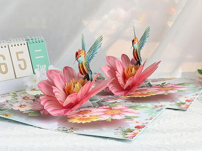 3D Hummingbird and Flower Pop Up Card, Elegant Bird Pop-Up Card with Blooming Flowers for Anniversary, Thank You, Valentines Day, All Occasion