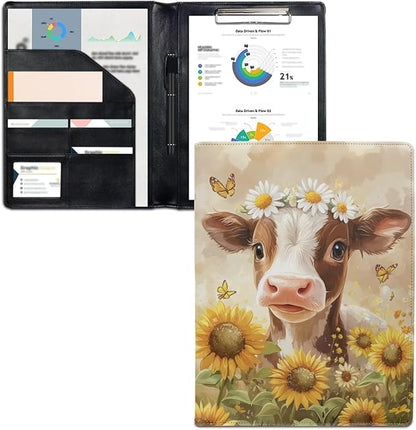 Cozeyat Sunflower Cow Padfolio for Women Binder Portfolio Folder, PU Leather Folder A4 Conference Pad Document Organizer Notepad Holder