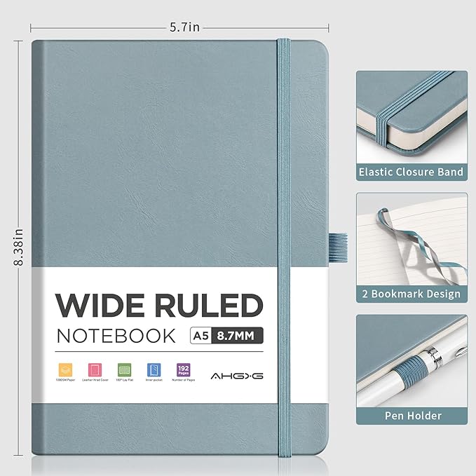 AHGXG Wide Ruled Notebook for School - Lined Journal for Women Men, 192 Numbered Pages, 100 GSM Thick Paper, A5 Hardcover Leather Notebook for Work, Writing, 5.7"×8.3" - Gray Blue