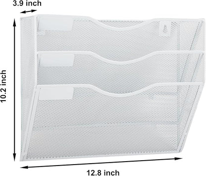 EASEPRES 3 Pocket Mesh Hanging Wall File Organizer, Wall Mounted Mail Paper Document Folder Holder, Clipboard Storage Organization Magazine Rack with Nametag Label for Office Home School, White