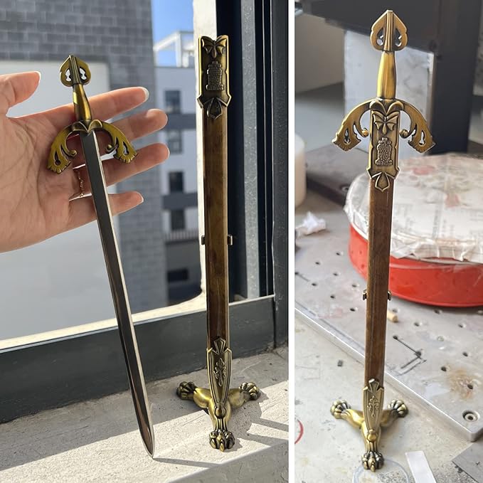 Metal Stainless Steel Sword Letter Opener with Stand,Medieval Vintage Gold Handle,Mini Sword,Lightweight Hand Envelope Slitter,Special Gift
