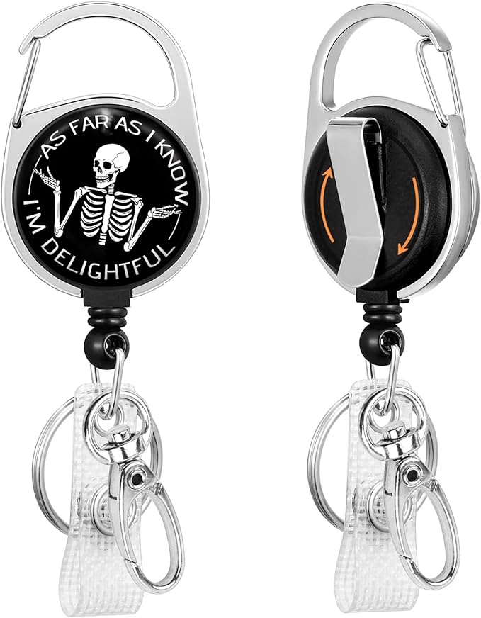 As Far As I Know I'm Delightful Badge Reel Retractable Heavy Duty with 360°Swivel Carabiner Clip,Skeleton ID Badge Holder Retractable, Nurse Teacher ID Card Holder Retractable Keychain Name Badge Clip