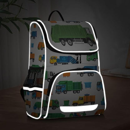 Garbage Trucks Backpack with Reflective Strip for Kids Boys Girls Elementary School Bag Removable Chest Strap