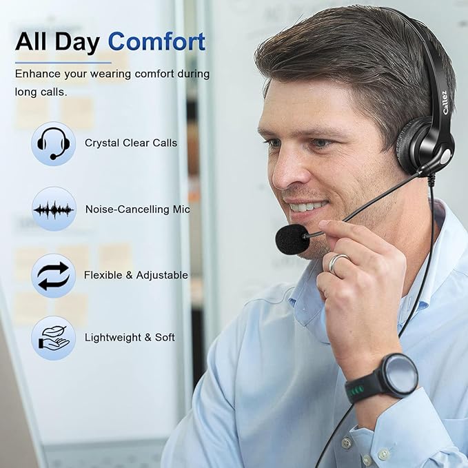 Callez RJ9 Telephone Headset Dual for Polycom Phone with Noise Cancelling Mic & Corded Office Phone Headset Compatible with Polycom Avaya Plantronics Mitel ShoreTel Digium Nortel Landline Phones