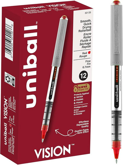 uni-ball uniball Vision Rollerball Pens with 0.7mm Fine Point, Red, 12 Count