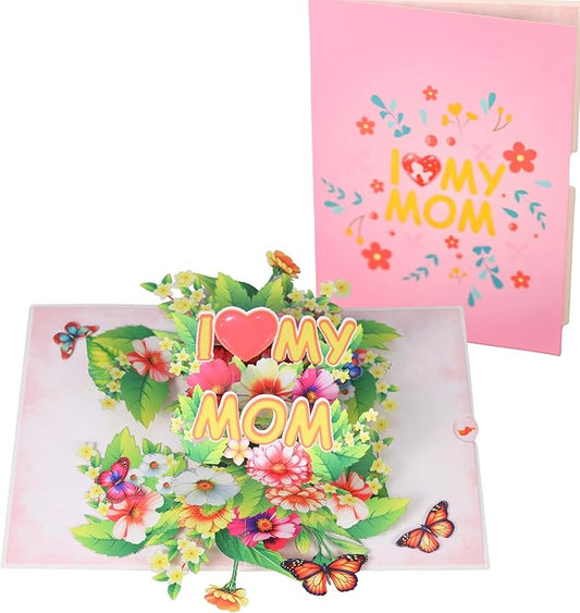 I Love My Mom Pop Up Card Mothers Day, Happy Mothers Day Pop Up Card, 3D Flower and Butterfly Greeting Cards Gift For Mom, Wife, Mother in law All Occasion, 8" X 6" With Envelope and Note Tag