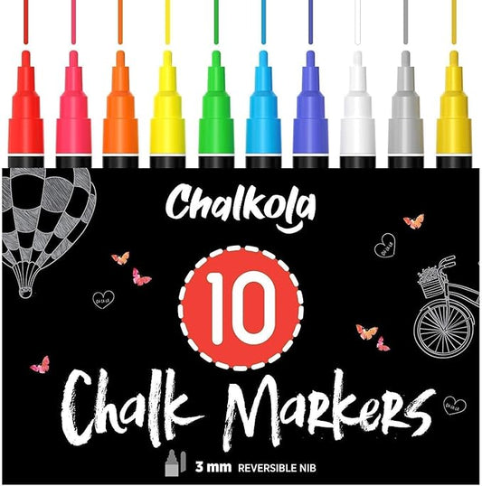 Liquid Chalk Markers (10 Pack) with Gold & Silver - Fine Tip Dry Erase Marker Pens for Blackboard, Windows, Chalkboard Signs, Bistro - 3mm Reversible Tip