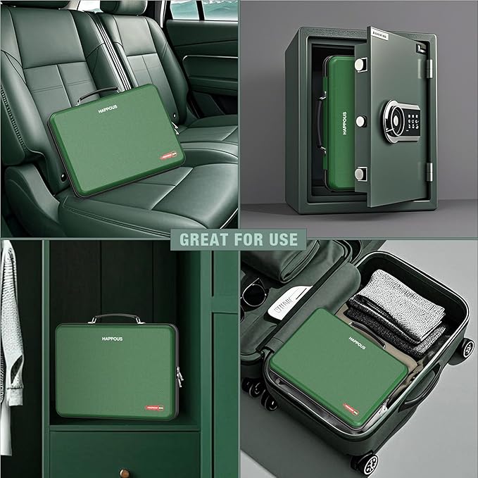 Fireproof Document Box, Expanding File Organizer with 13 Pockets, Portable Fireproof File Box Hard-Shell Document Organizer Storage for Documents Laptop Passports Cards Green