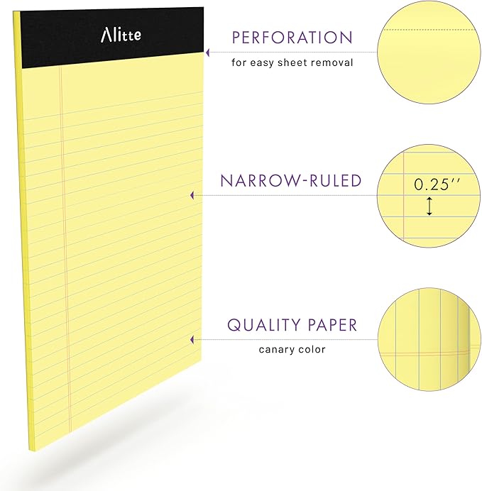 Yellow Legal Notepads 5x8, Pack of 6 - Perforated Narrow Ruled Writing Pad - Premium Thick Paper, No Ink Bleeding - Blank Legal Pads For Home, Office, School, Business - 50 Sheets Per Notebook