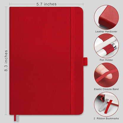 RETTACY Bullet Dotted Journal, A5 Dotted Notebook Journal with 192 Pages, 5.7'' × 8.3'', Medium Size, 100 GSM Thick Paper, Leather Hardcover, Bullet Journaling, Planning (Red)