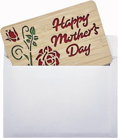 Mothers Day Cards,Handmade Bamboo Greeting Cards,Wooden Thankyou Card,Wooden Birthday Card,Mothers day for Mom,Mum,Rose mom