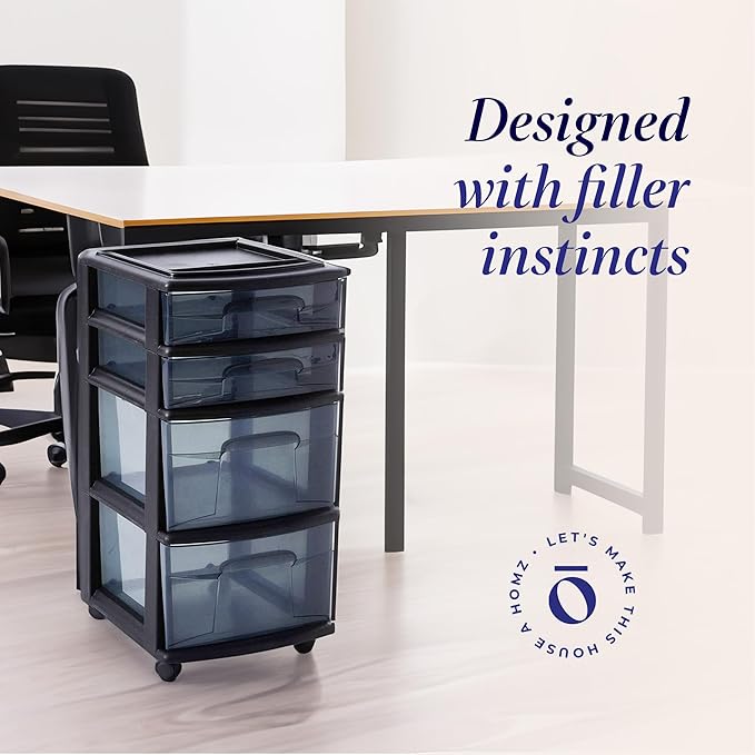 HOMZ 2-Pack 4-Drawer Plastic Storage Cart, Home & Office Organizer, Black-Clear