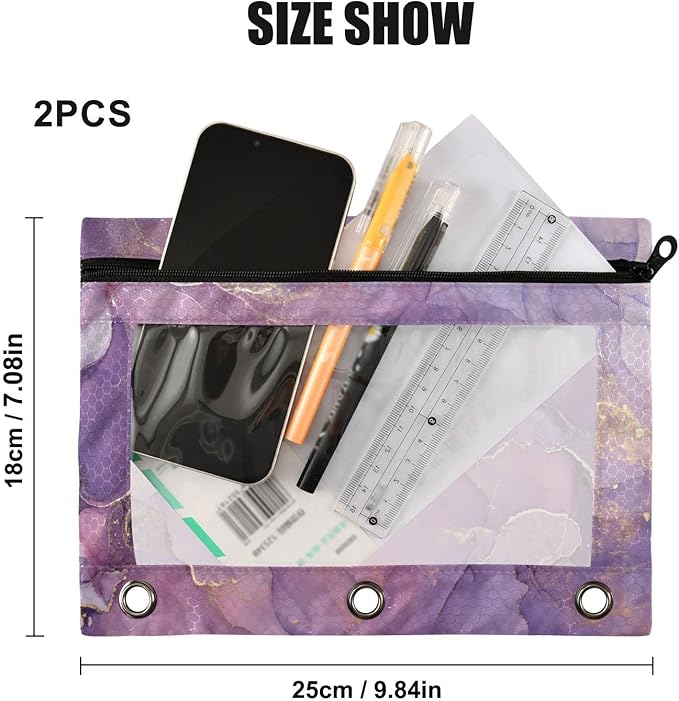 Kcldeci Pencil Pouch for 3 Ring Binder, Purple Golden Marble 2 Pack Binder Pencil Pouch with Clear Window Pencil Bags with Zipper Pencil Case for Binder