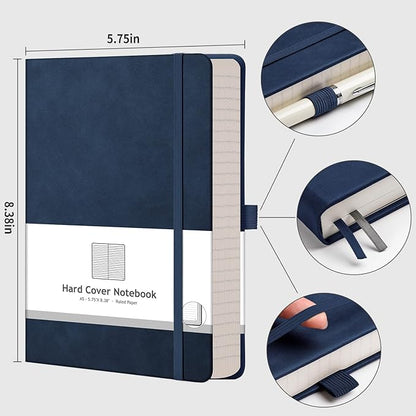 AHGXG Thick Journal Lined Notebook - 320 Numbered Pages A5 College Ruled Notebook for Writing, 100gsm Lined Paper, Leather Hardcover, for Women Men Work Office School, 5.75'' X 8.38''-Dark Blue
