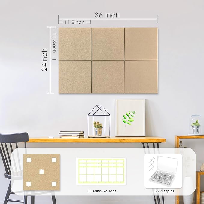 Large Cork Board for Office Wall Decor,36"x24"-6 Pack Felt Wall Tiles with 35 Push Pins, Thicker 0.47in, Felt Bulletin Board Pin Board Cork Boards for Walls - Khaki