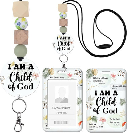 Christian Lanyard with ID Holder, I Am a Child of God Bible Verse Badge Holder with Beaded Adjustable Lanyard, Christian Gifts for Pastors Teachers Students