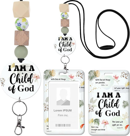 Christian Lanyard with ID Holder, I Am a Child of God Bible Verse Badge Holder with Beaded Adjustable Lanyard, Christian Gifts for Pastors Teachers Students