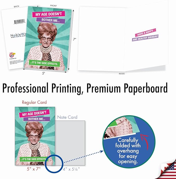 NobleWorks - 1 Funny Happy Birthday Greeting Card - Retro Old Woman Humor, Notecard Talk Bubbles - Side Effects C9356BDG