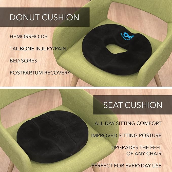 Everlasting Comfort Donut Pillow for Hemorrhoids, Tailbone Pain Relief Cushion - 2-in-1 Hemorrhoid Pillow & Seat Cushion - Memory Foam Donut Pillow for Tailbone Pain - Butt Pillow & Butt Cushion