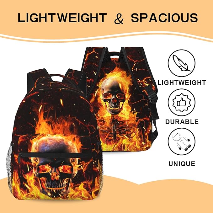 Flaming Skeleton Laptop Book Bag Daily Backpack Large Capacity Universal Waterproof Fire Skull Bags With Adjustable Straps Lightweight Breathable Leisure Travel Camping Backpack 15x11in