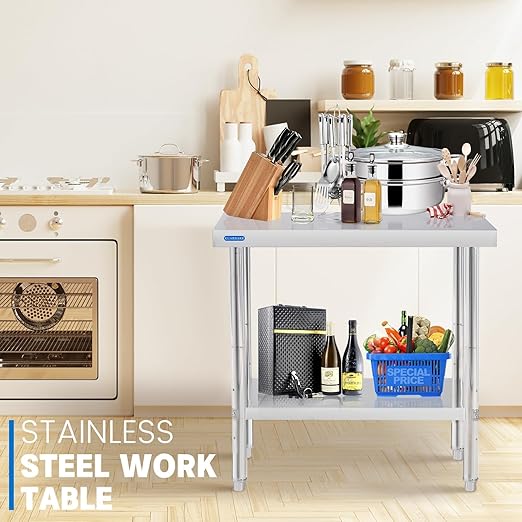 Stainless Steel Table for Prep & Work with Backsplash 24 x 30 Inches NSF Metal Commercial Kitchen Adjustable Under Shelf Worktable for Restaurant Home Outdoor