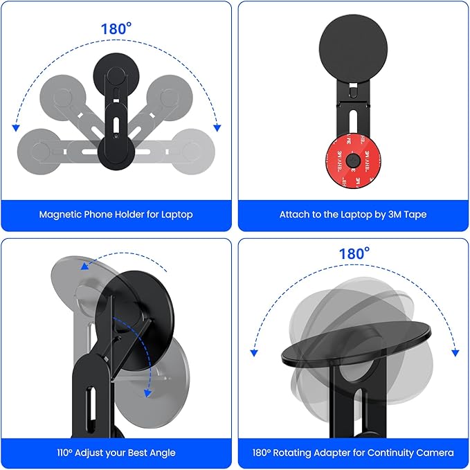 Magnetic Phone Holder for Laptop for MagSafe for iPhone 16/15/14/13/12 & All Phones, 180°Adjustable Phone Side Mount for Computer Monitor for Tesla, Desktop Cell Phone Bracket (Black)