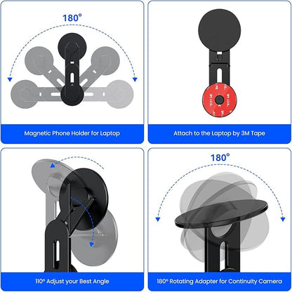 Magnetic Phone Holder for Laptop for MagSafe for iPhone 16/15/14/13/12 & All Phones, 180°Adjustable Phone Side Mount for Computer Monitor for Tesla, Desktop Cell Phone Bracket (Black)